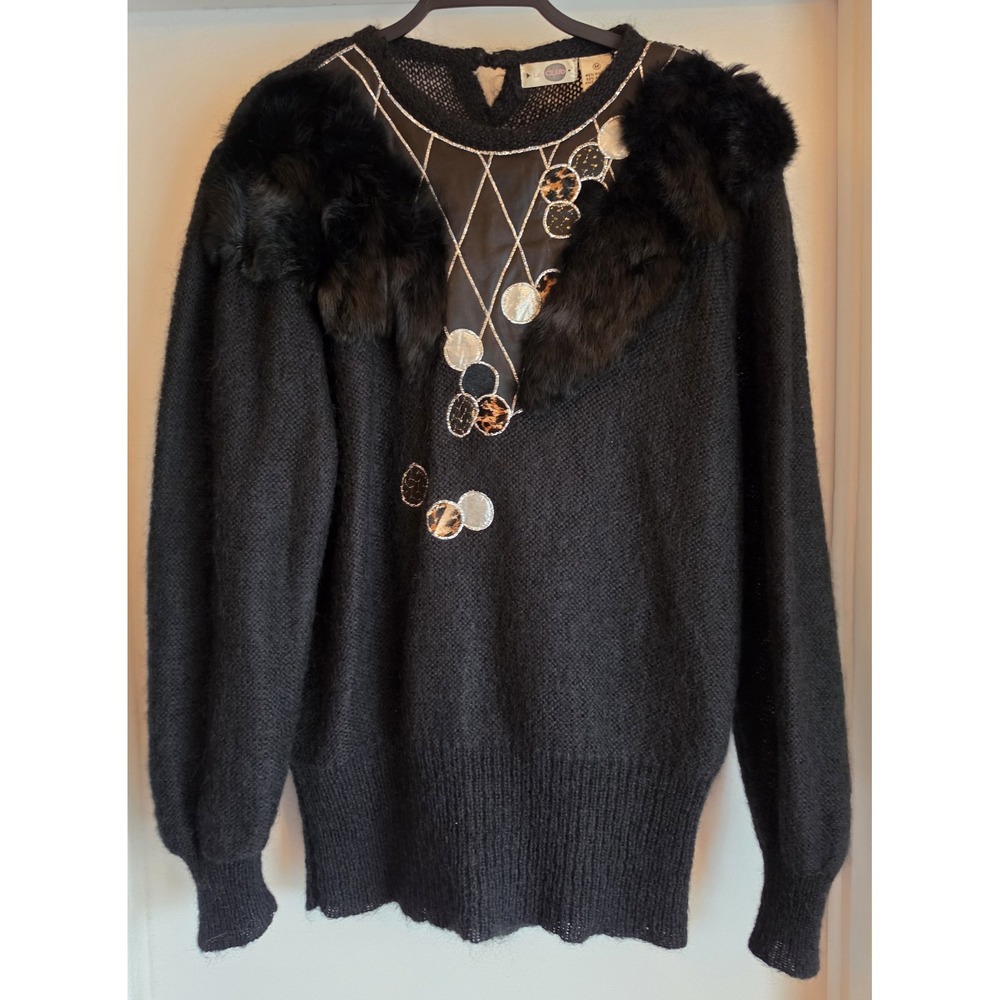 Le Club M Faux Leather n Fur Detail Long Sleeve Black Pullover Sweater Vintage